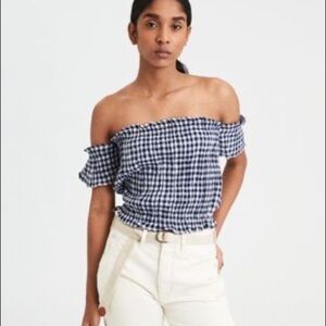 American Eagle Gingham Off The Shoulder Crop Top